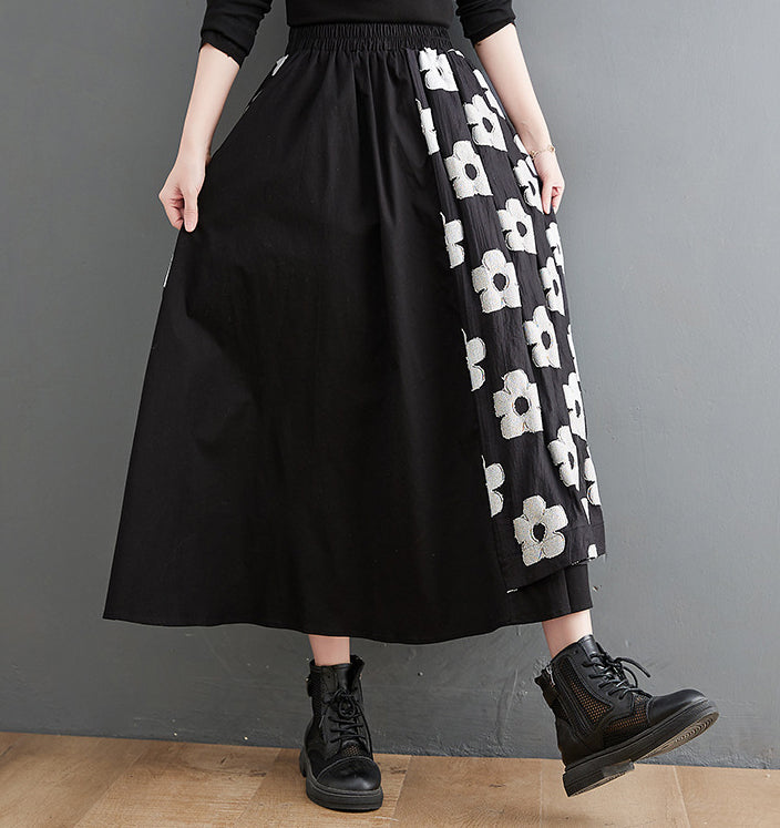Embroidery Splicing Elastic High Waist A-Line Skirt