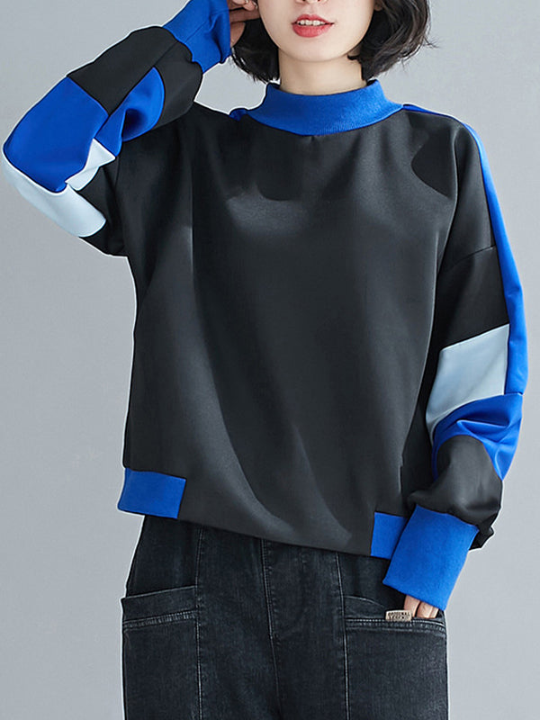 Women High Collar Contrast Stitching Pullover Long Sleeve Sweatshirt
