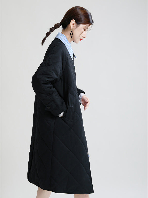 Retro Splicing Lapel Collar Midi Cotton Outwear