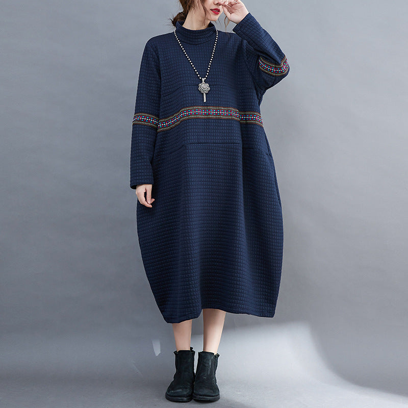 Large Size High Neck Loose Casual Midi Dress