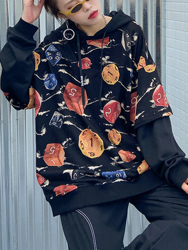 False Two Printed Loose Hooded Sweatshirt