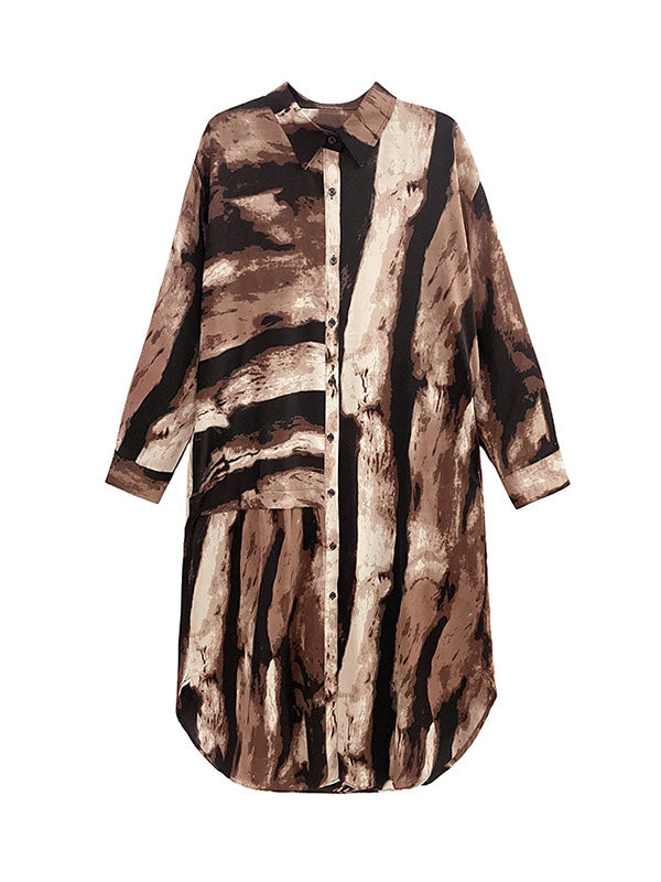 Long Sleeves Roomy Asymmetric Stamped Split-Joint Lapel Midi Shirt Dress