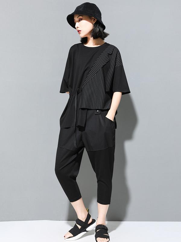 Striped Splicing Cropped Lace-Up T-Shirt