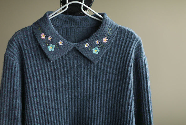 Embroidered Lapel Loose Knitting Sweater