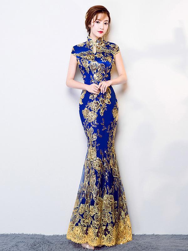 Blue Lace Embroidered Mermaid Cheongsam Evening Dress