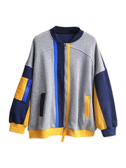 Casual Loose Contrast Color Split-Joint Stand Collar Long Sleeves Outwear
