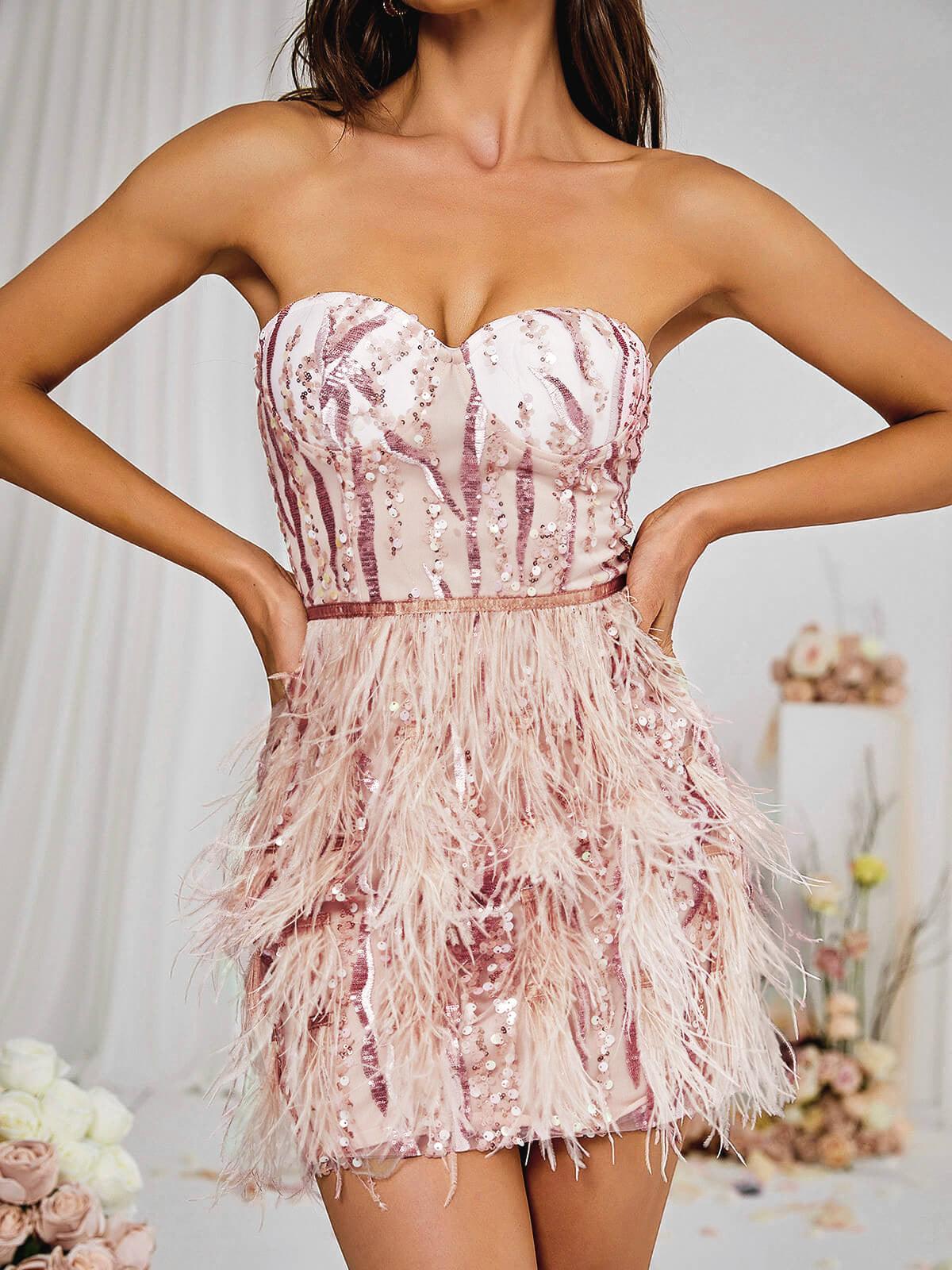 Ashlyn Strapless Feather Sequin Mini Dress