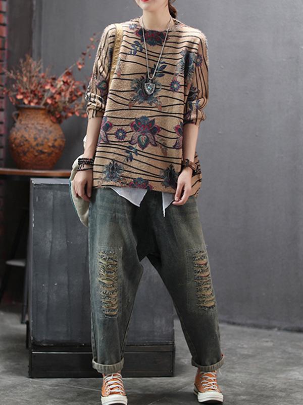 Loose Ethnic Style Print Round Neck Sweater