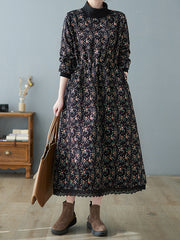 Patchwork Collar Floral Lace-Up Long Midi Dress
