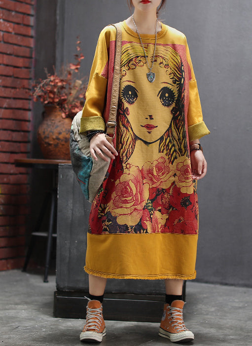 Retro Cartoon Print Round Neck Loose Midi Dress