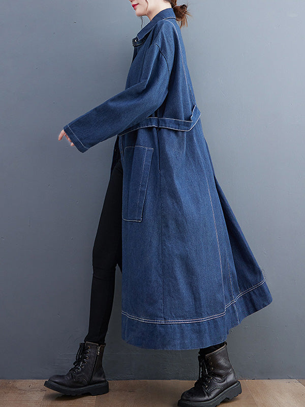 Casual Loose Long Sleeves Buttoned Lapel Collar Denim Trench Coats