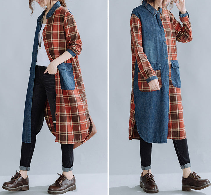 Literary Denim Plaid Stitching Mid-Length Shirt