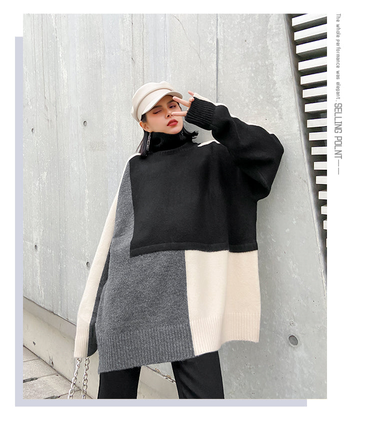 Urban Color-Block Splicing Knitted High-Neck Sweater