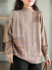 Women Retro Loose Print Casual Sweater