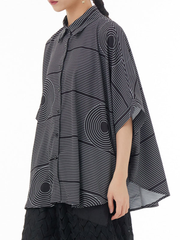 Batwing Sleeves Roomy Striped Lapel Blouses