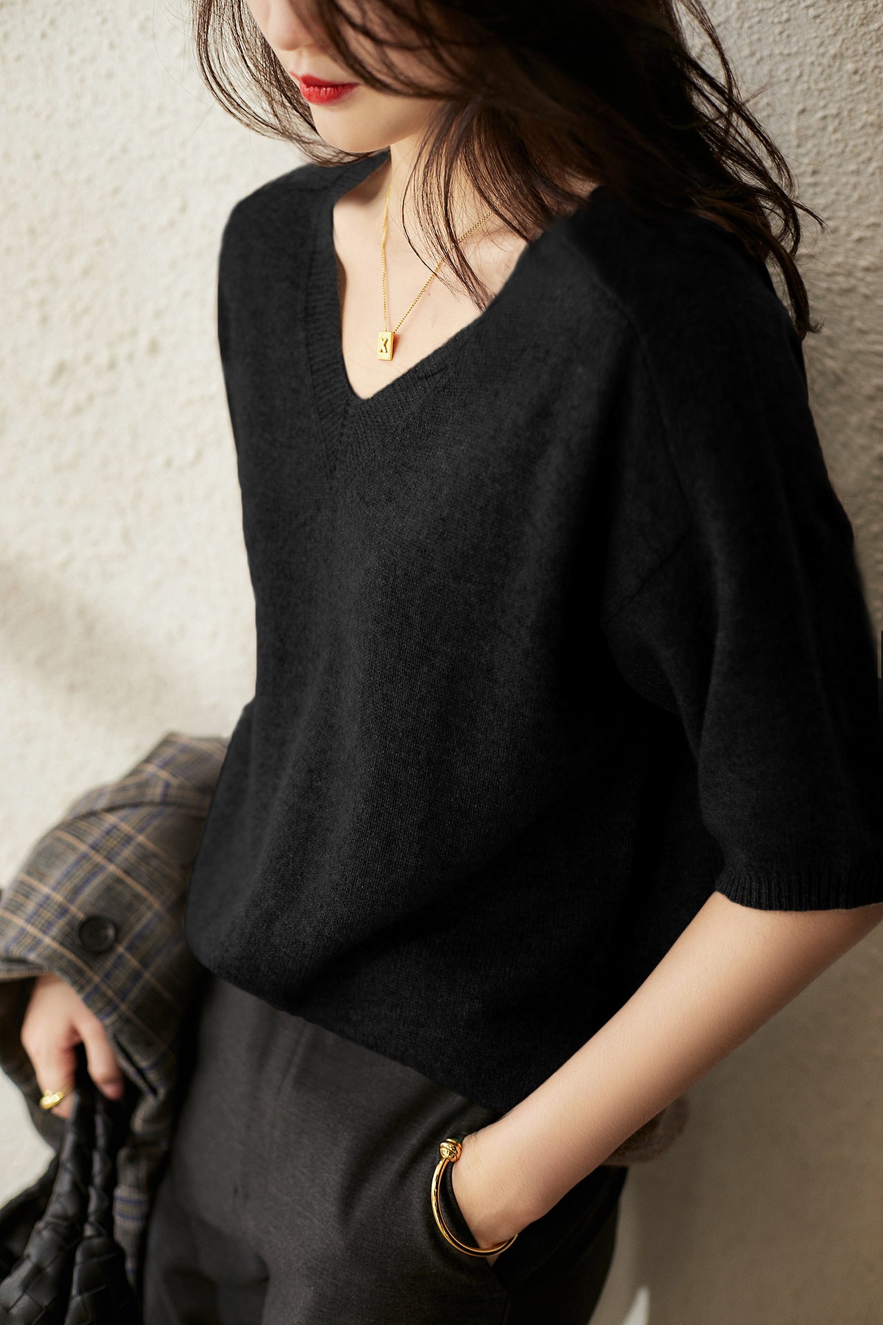 Loose Solid Color Half Sleeve Knitted Sweater