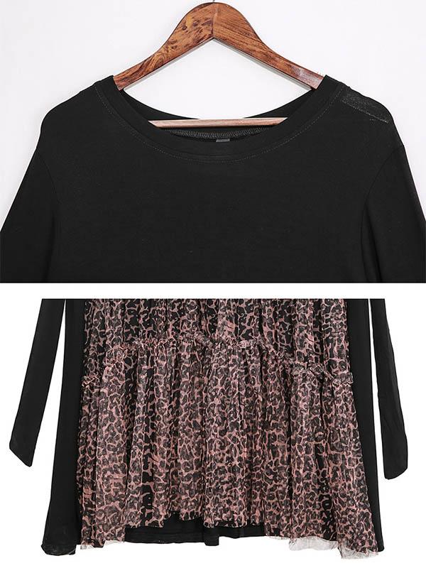 Leopard Splicing Round Collar False Two Midi Dress