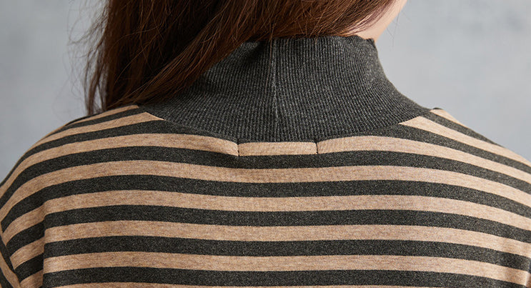 Women Striped High Neck Loose Bottoming Shirt
