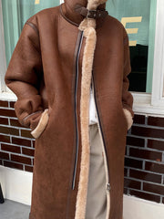 Retro Stand Collar Zipper Loose Long Casual Coat