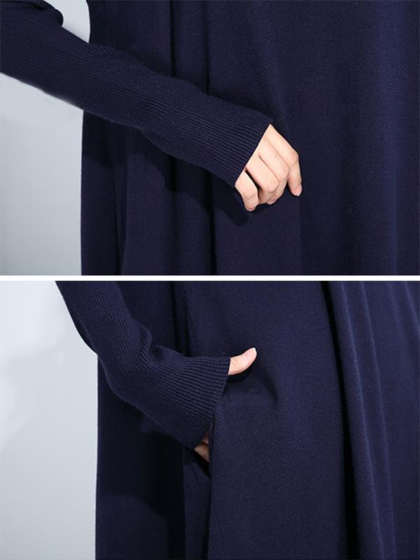 Loose Plain Stand Collar Knit Midi Sweater Dress