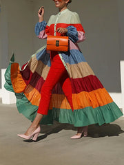 Long Sleeves Loose Buttoned Contrast Color Striped Stand Collar Maxi Dresses Outerwear