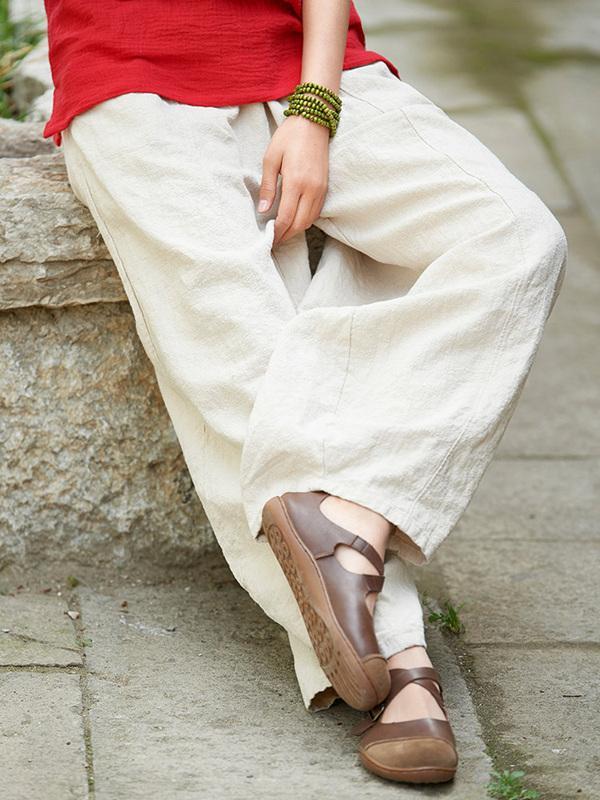 Beige&White Ramie Cotton Casual Linen Bloomers Pants