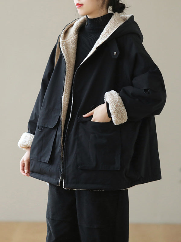 Artistic Retro Long Sleeves Loose Keep Warm Fleece Lining Zipper Hooded Outerwear