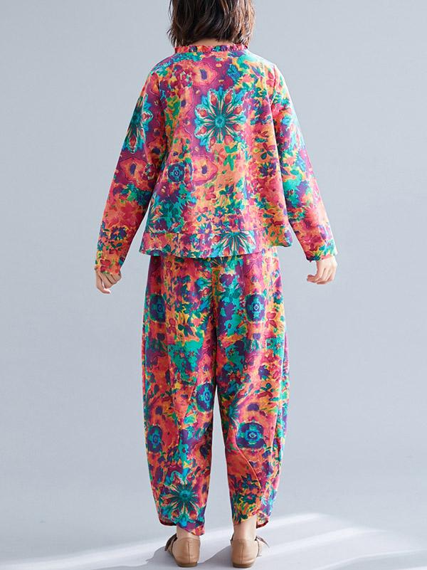 Loose Retro Floral Printed Blouses and Pants Suits