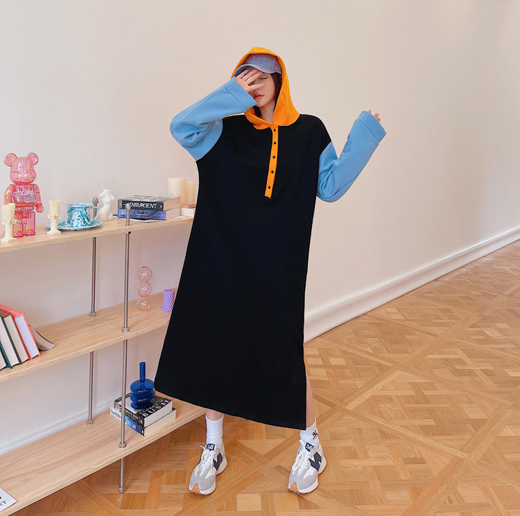 Loose Plus Size Contrast Color Hooded Midi Dress