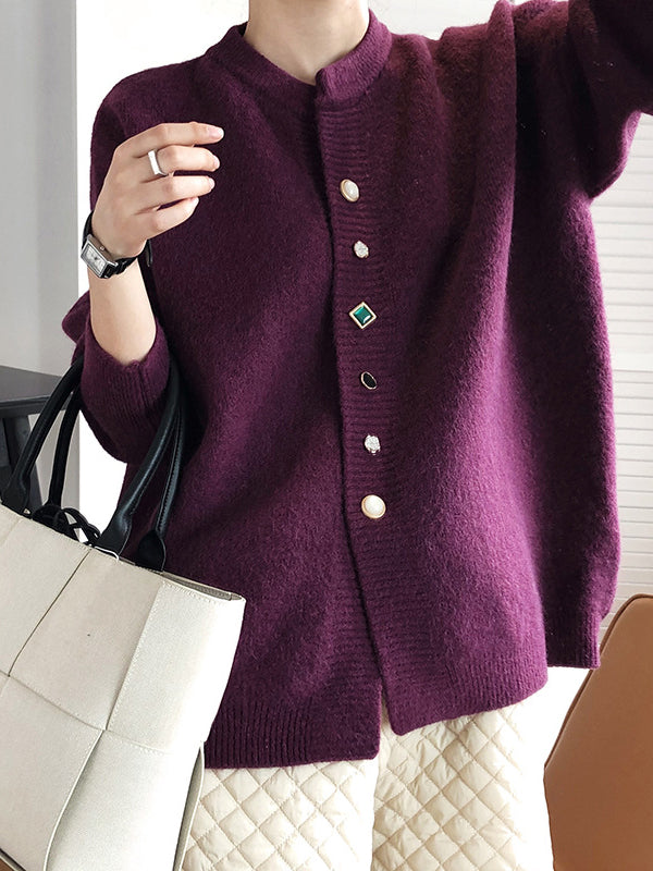 Women Round Neck Loose Solid Color Casual Coat