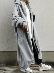 Urban Hooded Solid Color Zipper Batwing Sleeve Long Outerwear