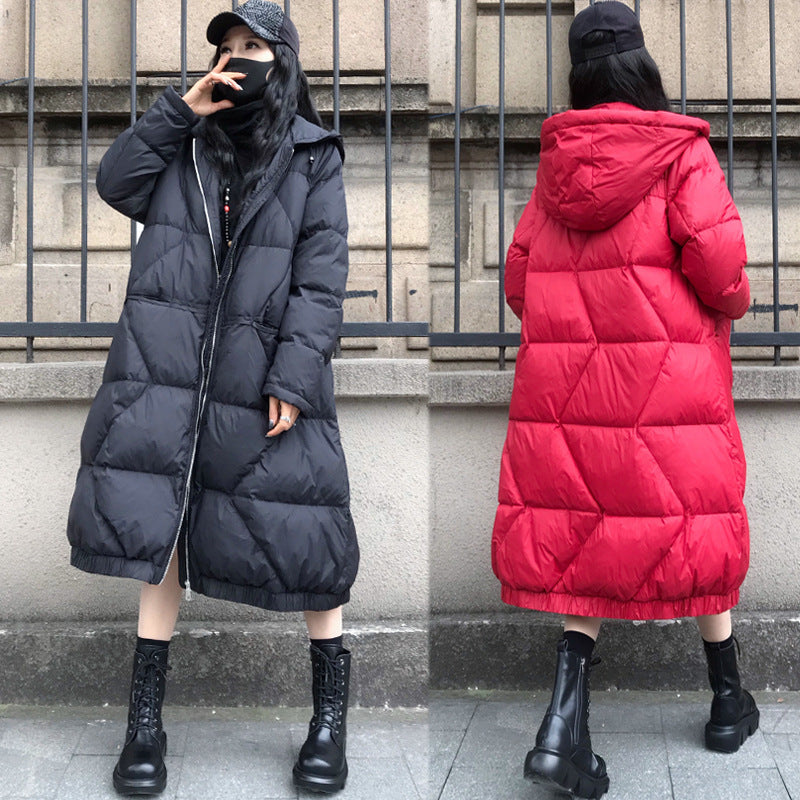 Large Size Loose Mid-Length Thick Hooded Down Coat