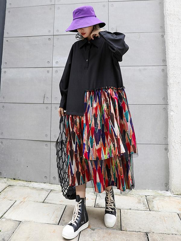 Colorful Printed Cropped Split-Joint Midi Dress