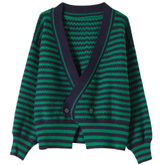 Loose Casual V-Neck Stitching Striped Sweater Coat