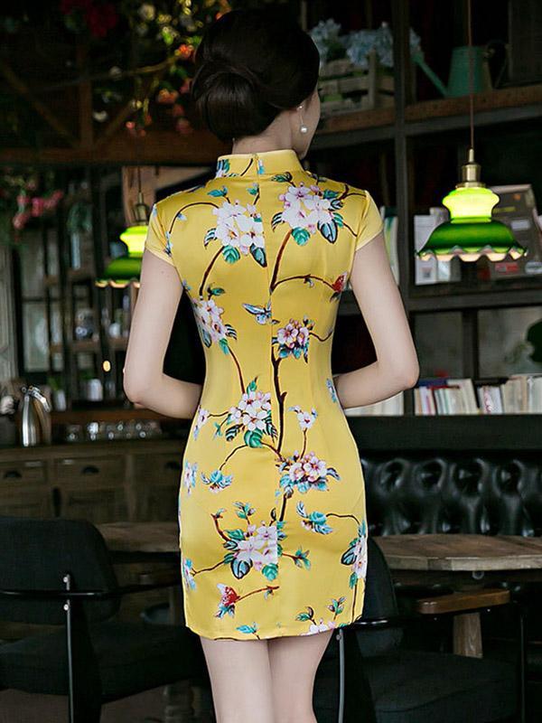 National Flower Printed Brilliant Yellow Short Slim Cheongsam Dress