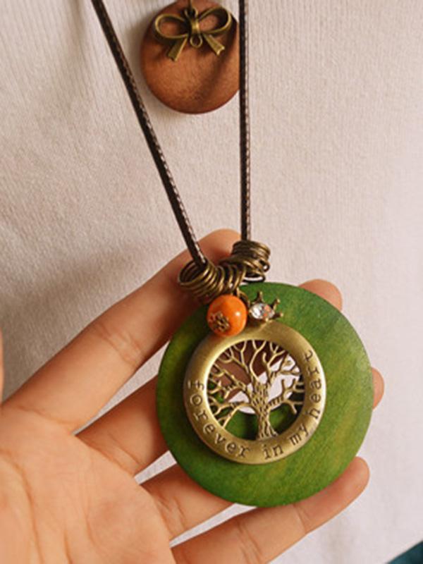 Wood Two-Pieces Tree&Bowknot Pendant Necklace