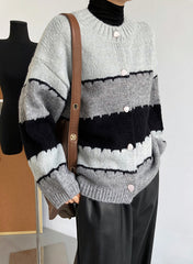 Color Block Round Neck Knitted Sweater Coat