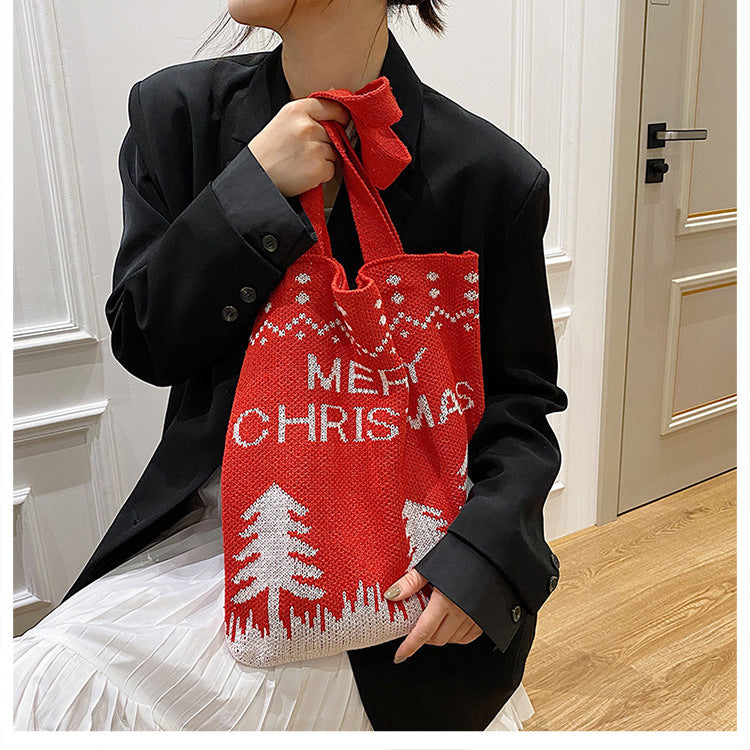 Chrismas Printed Knitted Shoulder Bag