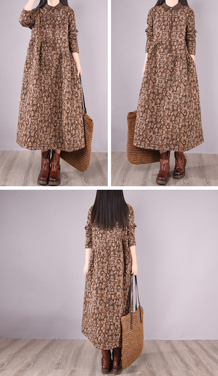 Floral Lapel Loose-Fitting Midi Dress