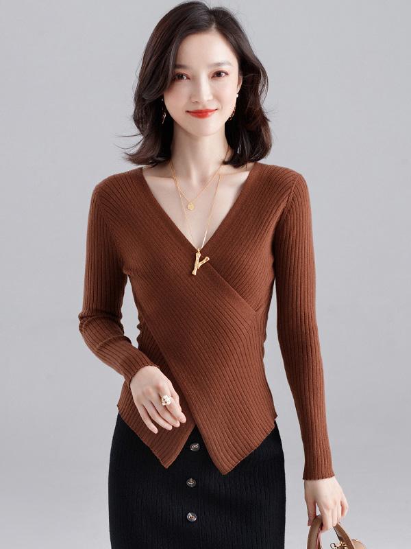 Solid Cross V-Neck Cropped Knitting Sweater