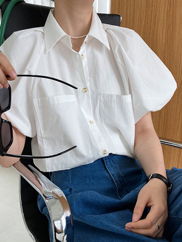 Retro Lapel Solid Color Loose Short Sleeve Shirt