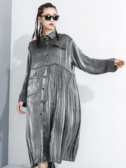 Roomy Solid Splicing Asymmetric Lapel Midi Dress