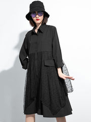 Black Loose Splicing Mesh Shirt Dress