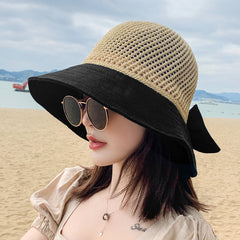 Women Foldable Sunscreen Hollow Beach Knitted Hat