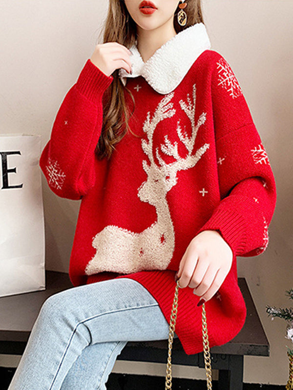 Christmas Elk Jacquard Lapel Collar Sweater