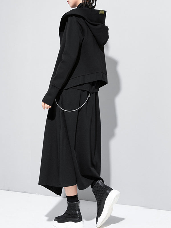 Black Solid Hooded Long Sleeves Outwear