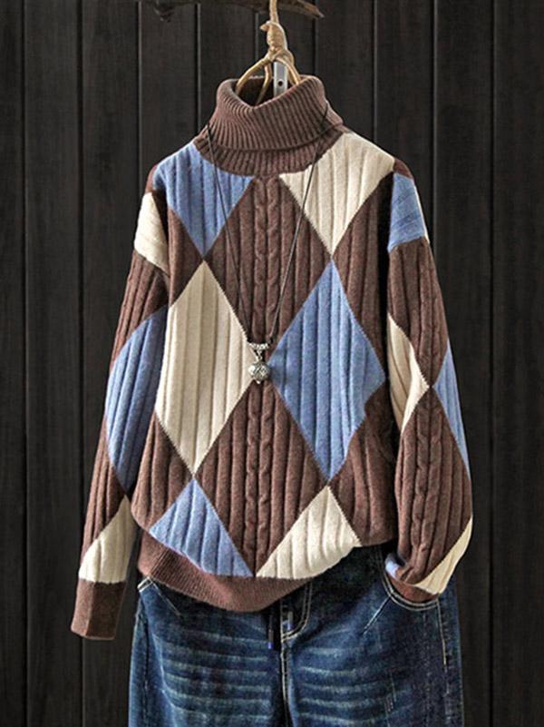 Diamond Plaid Turtleneck Sweater