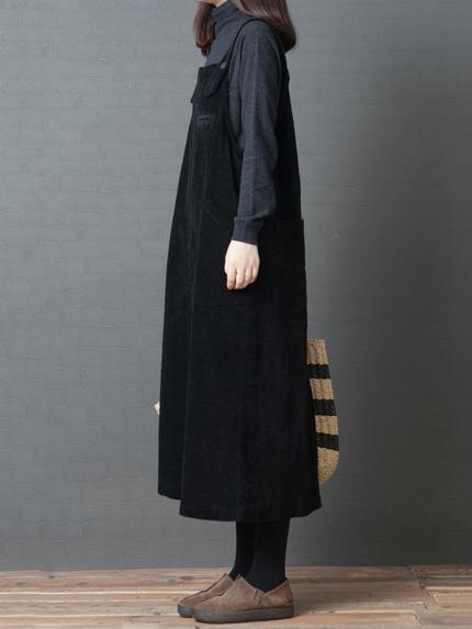 Casual Corduroy Long Suspender Skirt