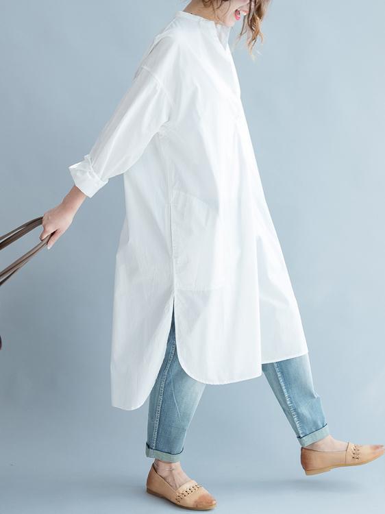 Simple Stand-collar White Long Blouse Dress