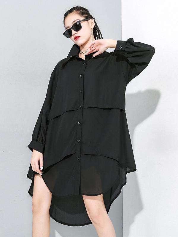 Black Cropped Splicing Lapel Long Shirt